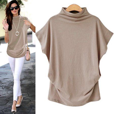 Product Description: This fashion blouse features a turtleneck, short sleeve. Elegance and simplicity is the focus on design, is a casual wear wild single items. Lightweight and non-elastic fabric. Loose fit silhouette. Size: XL.  Color: Beige.  Gender: female.  Age Group: adult.  Pattern: solid. Ruffle Blouse Designs, Grey Shirts Women, Women Turtleneck, Casual Turtleneck, Look Plus Size, Womens Turtleneck, Plus Size Kleidung, Top T Shirt, Loose Tops