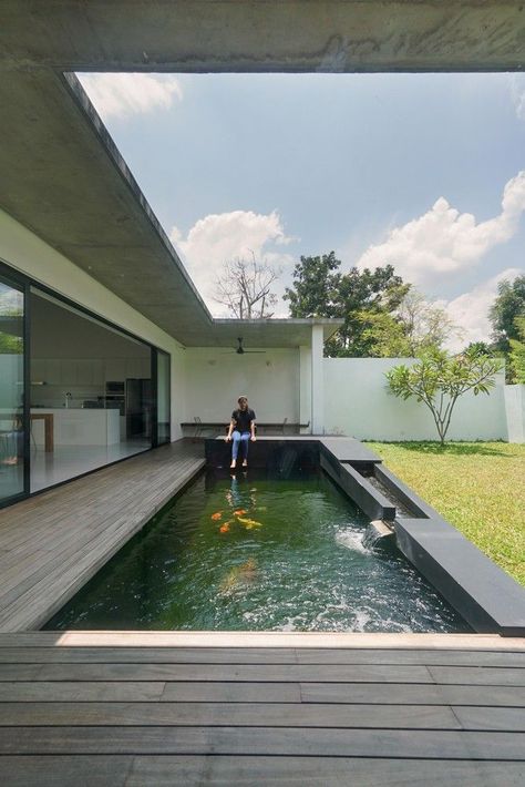 Gallery of Knikno House / Fabian Tan Architect - 3 Modern Fish Pond, Modern Pond, Koi Pond Design, House Transformation, Kolam Koi, Pond House, Fish Pond Gardens, Modern Tropical House, Pool Landscape Design