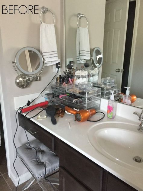 Vanity Makeup Drawer and Bathroom Cabinet Organization before  after! #organization #organize #bathroomorganizaton Makeup Organization Bathroom Counter, Bathroom Vanity Organization Ideas, Makeup Vanity Bathroom, Organize Bathroom Counter, Bathroom Makeup Storage, Makeup Vanity In Bathroom, Makeup Organization Bathroom, Vanity In Bathroom, Makeup Drawers