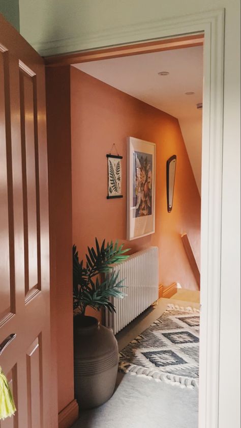 Orange Hallway Ideas, Burnt Orange Hallway, Coral Hallway, Hallway Terracotta, Terracotta Entryway, Mcm Hallway, Peach Hallway, Terracotta Panelling, Colourful Hallway Ideas