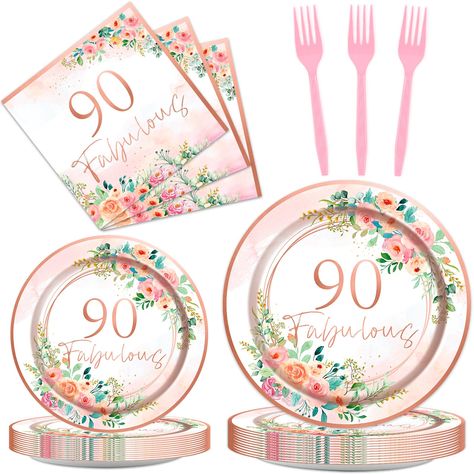 PRICES MAY VARY. 【90th Birthday Decorations for Women】Get ready for your 90th birthday party with this complete set of floral 90 fabulous party supplies! Each set includes 24 pieces floral 9'' plates, 24 pieces 90th birthday plates of 7'' plates, 24 90th party napkins of 6.5’’, and 24 plastic pink forks - everything you need to serve up to 24 guests in style. 【Premium Material】Our 90th birthday plates and napkins are made of high-quality paper that is non-toxic, odorless, heat-resistant, and dur 90th Birthday Party Ideas For Women Mom, 90th Birthday Party Ideas For Grandma Decorations, 90th Birthday Party Ideas For Grandma, 90 Birthday Party Ideas Decoration, 90th Birthday Ideas, 90th Birthday Centerpiece, 90th Birthday Party Decorations, 90th Birthday Decorations, Napkin Rose