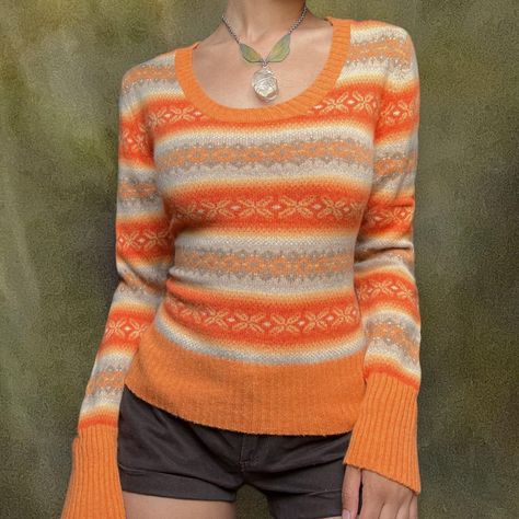 Cozy Striped Chunky Sweater 🍄  ⚔️ snowflakes,... - Depop Orange Sweater Aesthetic, Funky Sweaters, 80's Clothes, Thrift Ideas, Sweater Aesthetic, Orange Sweater, Mermaid Dreams, Outfit Cute, Thrifted Outfits