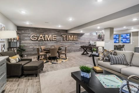 Design your finished basement to meet your family's needs. Learn how you can turn your basement into a beautiful, fully functioning space in 3 simple steps. Finished Basement Designs, Basement Games, Dream Basement, Basement Inspiration, Game Room Basement, Basement Living Rooms, Diy Basement, Basement House, Real Estat