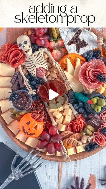 Charcuterie Skeleton Board, Skeleton Candy Charcuterie Board, Skeleton Charcuterie Board, Spooky Charcuterie Board Skeleton, Charcuterie Skelton, Halloween Charcuterie Board Meat Skull, Festive Appetizers, Pumpkin Cookies, Halloween Food For Party