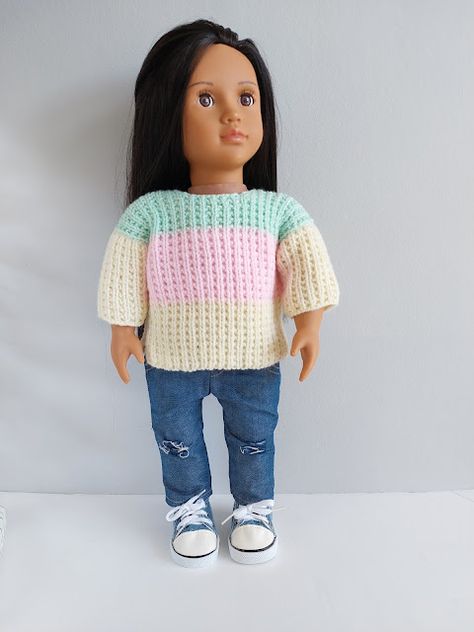 Ribbed Sweater Pattern, Ribbed Sweaters, Knitted Dolls Free, Barbie Knitting Patterns, Generation Dolls, Knitting Dolls Clothes, American Girl Doll Clothes Patterns, Crochet Clothes Patterns, Dolls Clothes