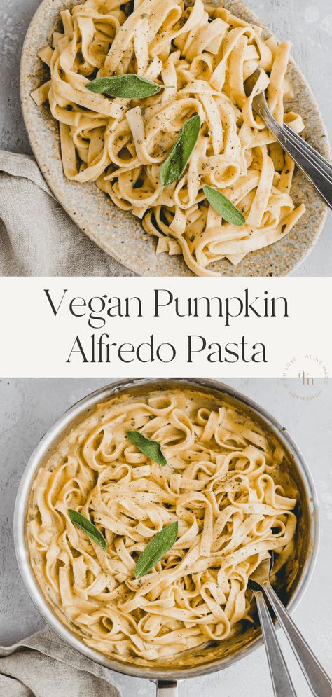 New Fall Favorite: Vegan Pumpkin Alfredo Pasta! It’s dairy-free, nut-free, incredibly creamy, and simple to make. Alfredo Sauce Vegan, Pumpkin Alfredo Pasta, Pumpkin Alfredo Sauce, Pumpkin Alfredo, Pumpkin Pasta Sauce, Pumpkin Puree Recipes, Pumpkin Mac And Cheese, Dairy Free Pumpkin, Pasta Recipes Alfredo