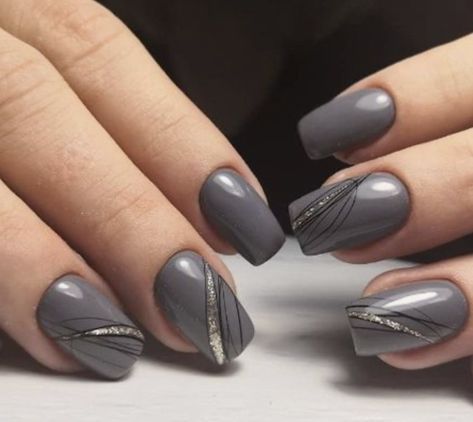 Grey Nails With Black Lines, Hope Nails, Golden Nail Art, Grey Nail Designs, Pretty Nail Colors, Hello Nails, Gel Nail Art Designs, Square Nail Designs, Fall Nail Art Designs