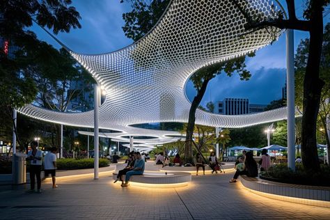 Organic Canopy Architecture, Architectural Canopy, Urban Park Design, Shade Structure Design, Building Canopy, Outdoor Gathering Area, Outdoor Pavillion, Shading Device, Retail Facade