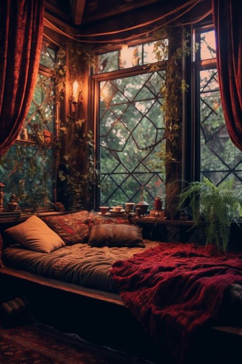 Witchy Bedroom Ideas, Dark Bedroom Aesthetic, Witch Bedrooms, Witchy Bedroom, Witchy House, Witch Cottage, Interior Design Per La Casa, Fantasy Rooms, Dark Bedroom