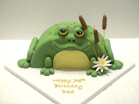 Frog Toad Cake This is a 10" round, one layer, cut in half, filled & stacked and then turned on its side. I put shaped fondant on... Toad Cake, Pond Frog, Frog Food, Half Birthday Cakes, Frog Cake, Circle Cake, Layer Cut, Recovery Center, Animal Cakes