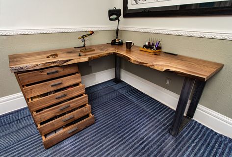 Fly Tying Desk with live edge Live Edge Wood Corner Desk, Live Edge Computer Desk, Live Edge Corner Desk, Live Edge Desk Ideas, Fly Tying Desk Ideas, Fly Tying Room, Live Edge Desk Office, Fly Tying Station, Live Edge Wood Desk