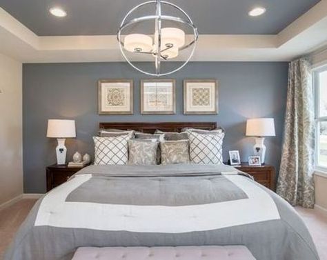 Tray Ceiling Bedroom, Tray Ceiling Ideas, Grey Bedroom Design, Residence Design, Ceiling Design Bedroom, Tray Ceiling, Chair Rail, Bedroom Paint Colors, Gray Bedroom