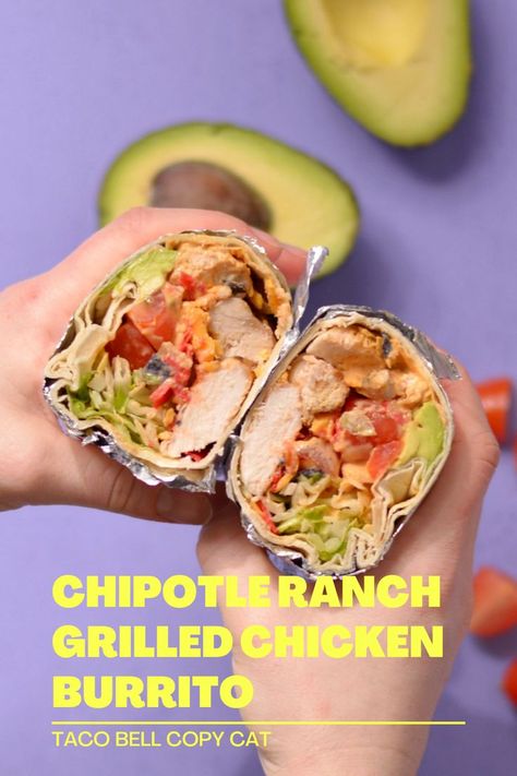 This Chipotle Ranch Grilled Chicken Burrito is a Taco Bell copycat that is crazy easy to make at home. Loaded with flavorful chipotle ranch, juicy tomatoes, and smoky grilled chicken you may never hit that Tbell drive through again! It's great for meal prep or for a family dinner everyone will love. Chipotle Ranch Grilled Chicken Burrito, Taco Bell Chicken Burrito, Chipotle Ranch Chicken, Simple Meal Prep, Burrito Recipe Chicken, Taco Bell Copycat, Chipotle Recipes Chicken, Chipotle Burrito, Taco Bell Recipes