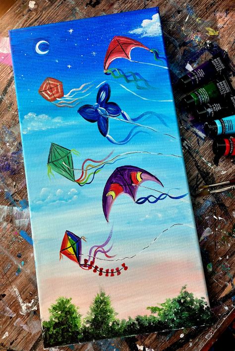 Kite Painting - Step By Step Acrylic Painting Tutorial Kite Festival Painting, Kite Painting Ideas, Kite Drawing Illustrations, Kite Festival Drawing, Kite Painting, Kite Drawing, Kids Painting Class, Festival Painting, Acrylic Painting For Kids