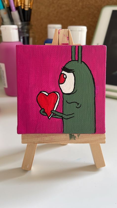 Plankton Canvas Painting, Small Spongebob Painting, Spong Bob Painting, Sponge Bob Painting Ideas, Sponge Bob Painting Canvas, Plankton Painting, Spongebob Painting, Art Help, Easy Canvas Art