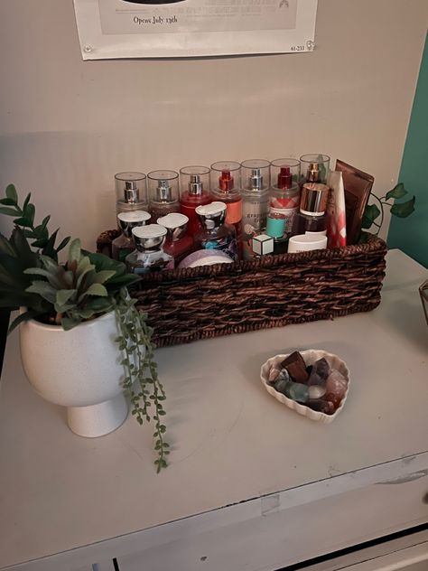 #desk #decor #drawers #perfume #lotion #plant #fakeplant #crystals Lotion Perfume Organization, Perfume Organization In Drawer, Organize Perfumes And Lotions On Dresser, Body Spray Organization, Perfume Organization On Dresser, Perfume Drawer, Lotion Organization, Lotion Storage, Cozy Dorm