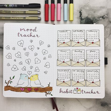 PLAN WITH ME || February 2019 Bullet Journal Set Up - I'm SOOO obsessed with how my heart mood tracker and love letter habit tracker turned out. These love birds are just too cute! February Spread, February Bullet Journal, Bullet Journal Month, Bullet Journal 2020, Bullet Journal Set Up, Bullet Journal Ideas Templates, Habit Tracker Bullet Journal, Bullet Journal Cover Page, Bullet Journal Cover Ideas