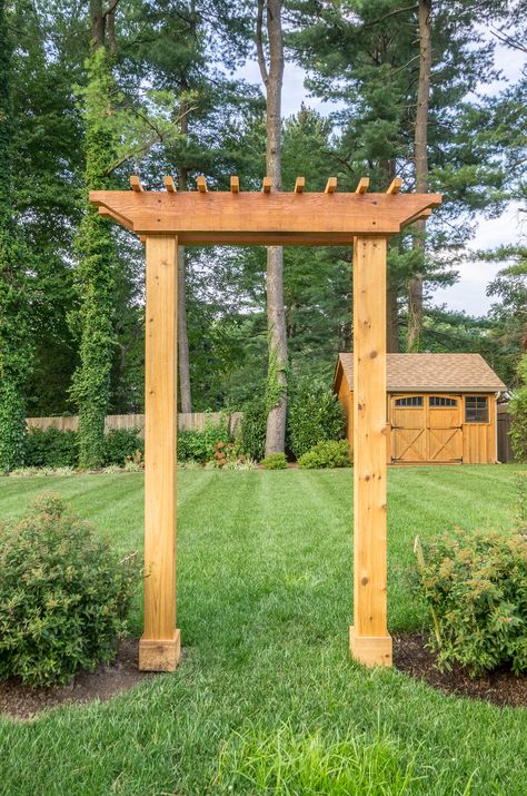 Single Post Arbor, Wooden Arbor Ideas, Craftsman Arbor, Fenceline Garden, 2 Post Arbor, Arbor Entrance, Backyard Arbor, Arbor Gate, Diy Arbour