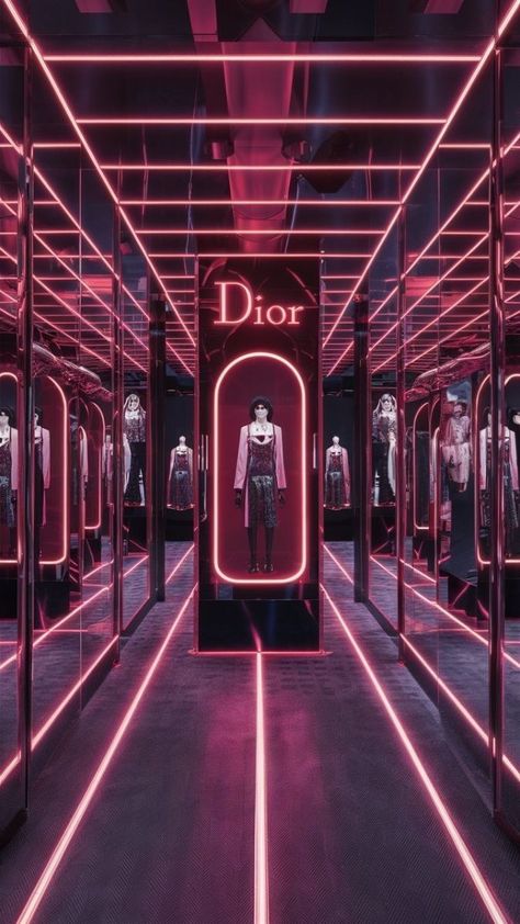 Dior Futuristic, Cyberpunk Store, Fashion Design Exhibition, Futuristic Event, Avant Garde Interior Design, Neon Silhouette, Neon Event, Built In Booth, Cyberpunk Interior