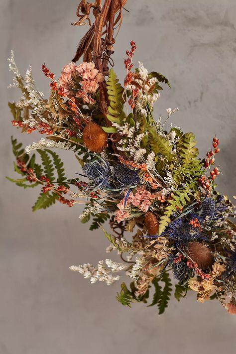 Right Side Hand Wee Yin Wreath | Anthropologie Asymmetrical Wreath, Yule Decor, Dried Floral Wreaths, Wreath Alternative, Dried Botanicals, Unexpected Beauty, Boho Wreath, Eclectic Wedding, Dried Florals