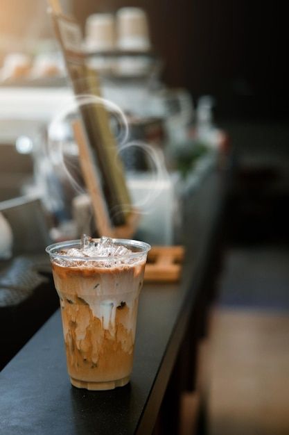 Iced Milk Coffee, Coffee Plastic Cup, Menu Photoshoot, Ice Mocha, Caffe Design, Cafe Pics, Coffee Foam, Breakfast Art, Ice Latte