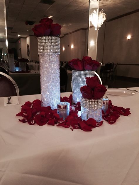 Silver Centerpieces, Moms 60th, Purple Wedding Centerpieces, Red Centerpieces, Silver Centerpiece, 15 Year Anniversary, Crystal Centerpieces, High School Reunion, Wedding Floral Centerpieces