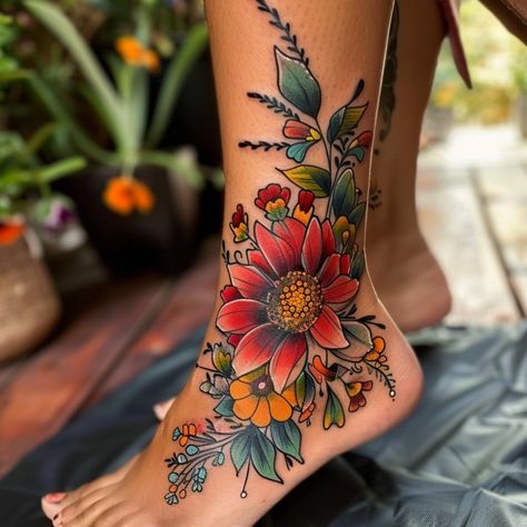 13 Stunning Foot Tattoo Designs for Women - Floral Tattoo Ankle, Sunflower And Daisy Tattoo, Watercolor Daisy Tattoo, Floral Foot Tattoo, Foot Tattoo Designs, Watercolor Styles, Flower Foot Tattoo, Cute Foot Tattoos, Rip Tattoo