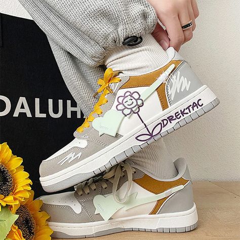 Yellow and Grey Flower Sneakers Step into style with these elegant Yellow and Grey Flower Sneakers. The perfect blend of fashion and comfort, these sneakers are sure to make a statement. Stand out from the crowd with the unique floral design and feel confident with every step. Elevate your wardrobe and make a lasting impression in these stunning sneakers. Aesthetic Flower Design, Flower Sneakers, Pastel Sneakers, Aesthetic Sneakers, Sneakers Cute, Artsy Outfit, Aesthetic Flower, Soft Aesthetic, Grey Flowers