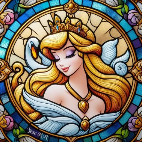 Disney Princess Stained Glass Art, Disney Sleeping Beauty Wallpaper, Disney Stained Glass, Non Disney Princesses, Disney Now, Disney Version, Disney Princess Artwork, Swan Princess, Disney Nerd