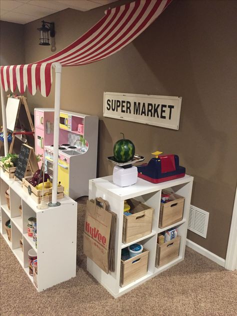 Kids grocery store Kids Grocery Store Makeover, Pretend Play Playroom Ideas, Diy Store Playset, Toddler Grocery Store, Grocery Store Play Area, Diy Pretend Play Grocery Store, Store For Kids, Pretend Play Store, Playroom Grocery Store Ideas