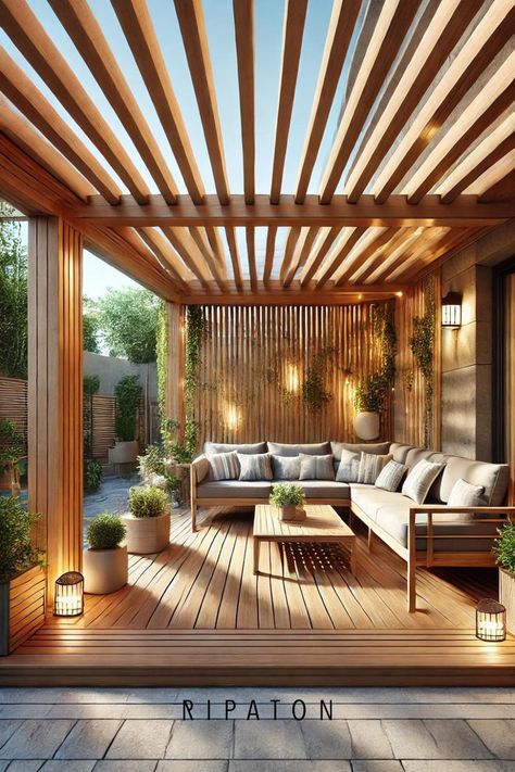 Inspirez-vous de cette pergola en bois pour transformer votre terrasse. Parfait mariage entre design moderne et chaleur naturelle, cette structure offre un espace extérieur accueillant et élégant. Idéale pour créer une ambiance cosy et conviviale, elle sublime votre aménagement extérieur avec ses lignes épurées et ses matériaux durables. Faites de votre jardin un lieu de détente et de plaisir grâce à cette pergola qui allie esthétisme et fonctionnalité. Pergola Terrace, Modern Pergolas, Outside Terrace Ideas, Pergola Dimensions Cm, Roof Terrace Design, Outdoor Living Space Design, Modern Pergola, Terrace Design, Outdoor Living Room