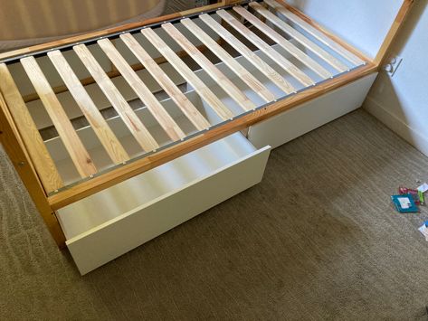 Ikea Kura bunk bed modified to fit the Malm underbed drawers Ikea Kura Bed Drawers, Kura Drawers, Ikea Kura Bed Hack Drawers, Kura Bed Rail, Kura Bed Storage Underneath, Sniglar Bed Hack, Kura Bed Slide, Släkt Bed Ikea Hack, Ikea Kura Floor Bed Hack