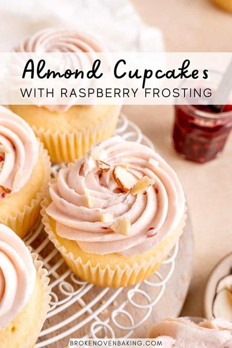 Fluffy almond flavored cupcakes topped with raspberry cream cheese frosting are the perfect dessert for your next wedding, bridal shower, or special occasion! Grab this simple cupcake recipe on brokenovenbaking.com. Almond Wedding Cupcakes With Raspberry Filling, Almond Flavored Cupcakes, Raspberry Almond Cupcakes, Cream Cheese Frosting Cupcakes, Almond Cupcake Recipes, Wedding Cupcake Recipes, Cupcake Filling, Perfect Cupcake Recipe, Yellow Cakes