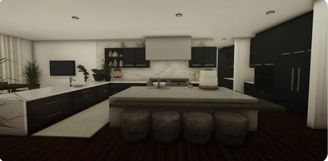 Blockburg Kitchen Ideas Big, Bloxburg Dark Kitchen, Bloxburg Modern House Kitchen, Bloxburg Kitchen Ideas Modern No Gamepasses, Bloxburg Large Kitchen Ideas, Bloxburg Kitchen Ideas Modern Realistic, Large Bloxburg Kitchen, Big Modern Kitchen Bloxburg, Dark Modern Kitchen Bloxburg