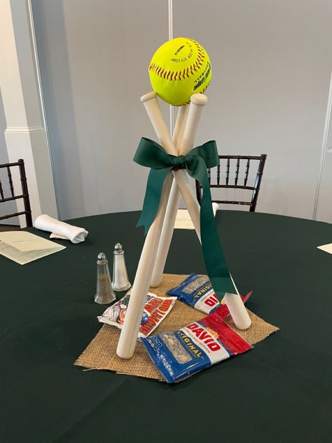 Softball Center Pieces Banquet Dugout Decorations Softball, Softball Party Centerpiece, Softball Table Decorations, Softball Banquet Decorations, Softball Table Centerpieces, Softball Birthday Party Decorations, Softball Centerpieces Banquet, Softball Senior Night Table Ideas, Softball Graduation Party Ideas