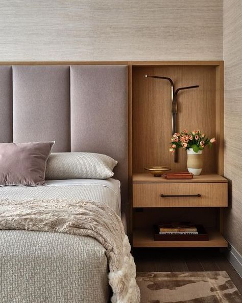 This high-rise, primary suite is an ideal hideaway from the city below, with its warm wood tones and blush wool velvet headboard… | Instagram Custom Upholstered Headboard, Warm Wood Tones, Boston Interiors, Upholstered Walls, Ombre Wallpapers, Primary Suite, Marble Showers, Velvet Headboard, Headboard Wall