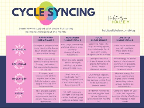 Learn how your female body works on a monthly basis with the hormonal fluctuations throughout.  Hack Your Hormones: The Value of Cycle Syncing — Habitually Haley #cyclesyncing #hormonalimbalance #hormonehelp Cycle Syncing Cheat Sheet, Cycle Syncing Chart, Hormone Exercise Plan, Monthly Cycle Chart, 28 Day Cycle Period, Hormone Cycle Chart, Female Hormones Chart, Female Monthly Cycle, Sync With Cycle