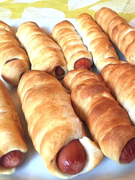 Pigs In A Blanket Hot Dogs Wrapped In Dough Pig In Blanket Crescent Rolls, Crescent Roll Dogs, Pretzel Dogs Recipe Crescent Rolls, Dough Wrapped Hot Dogs, Pigs In The Blanket, Hot Dogs With Crescent Rolls, Things To Do With Hot Dogs, How To Make Pigs In A Blanket, Air Fryer Pigs In A Blanket