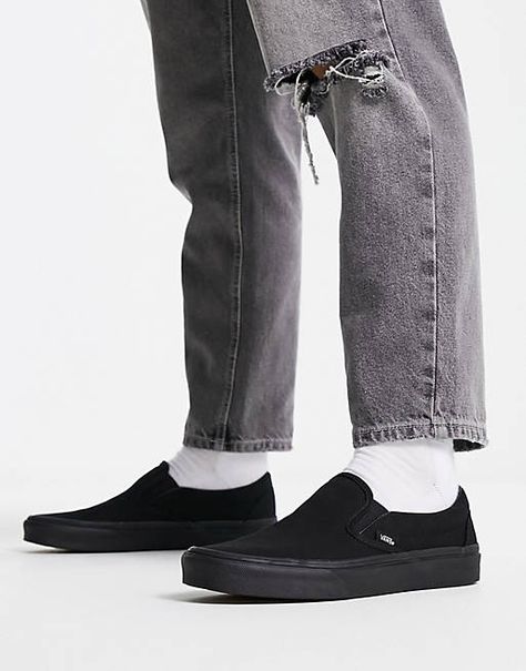 Vans Classic Slip-On plimsolls in black | ASOS Vans Slip Ons Outfit, Slip Ons Outfit, Vans Slip On Black, Black Slip On Vans, Vans Slip Ons, Slip On Vans, Black Slip On, Skate Wear, Black Vans