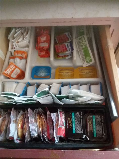 Here is my condiment drawer I use an extra tray and silverware holder Condiment Drawer, Sauce Drawer, Barracks Room, Diy Wooden Box, Pottery Barn Kitchen, Condiment Storage, Picket Fences, Barn Kitchen, Silverware Holder