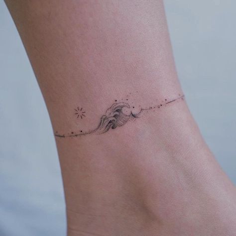 Tattoos Pulseras, Ankle Band Tattoo, Cute Ankle Tattoos, Small Wave Tattoo, Tato Minimal, Ankle Bracelet Tattoo, Ankle Tattoo Designs, Ankle Tattoos For Women, Ankle Tattoos