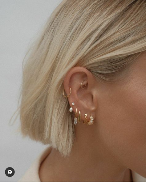 Mixing Gold And Silver Earrings, Gold And Silver Earring Stack, Women Piercings, Silver Earring Stack, Minimalist Ear Piercings, Earring Stacks, Ear Stacks, Mini Baguette, Earring Stack