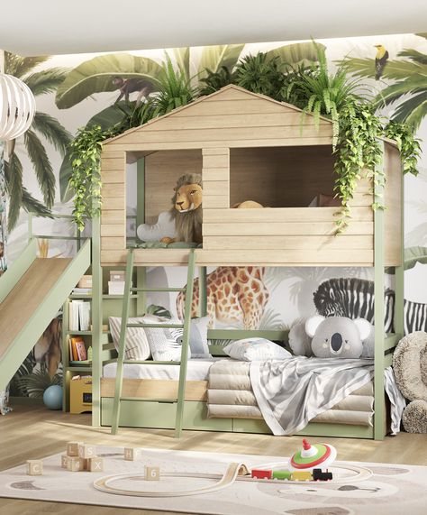 Kids Jungle Bedroom, Jungle Bedroom Kids, Jungle Theme Kids Room, Ideas For A Bedroom, Explorer Bedroom, Jungle Bedroom Theme, Jungle Theme Rooms, Kids Jungle Room, Jungle Themed Bedroom