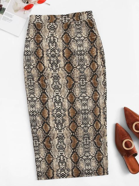 Split Hem Snakeskin Pencil Skirt -SHEIN(SHEINSIDE) Pencil Skirts, Fall Collection, Tube Skirt, Pencil Skirt Outfits, High Waisted Pencil Skirt, Womens Pencil Skirts, Printed Pencil Skirt, Bodycon Fashion, Split