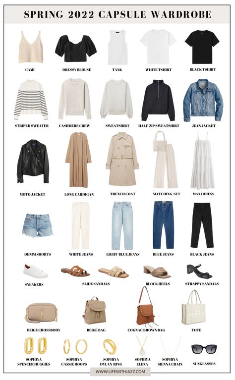 SPRING CAPSULE E-BOOK + 5 CAPSULE OUTFITS - LIFE WITH JAZZ Life With Jazz Capsule, Basic Outfit Women, Holiday Outfits Spring, Casual Basic Outfits, Spring Capsule Wardrobe 2022, Casual Work Outfits Summer, Life With Jazz, Business Casual Capsule Wardrobe, Basics Outfit