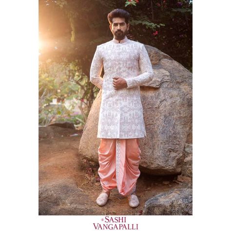 Pink Dhoti Kurta For Men, Dhoti Sherwani Wedding For Men, Telugu Wedding Dress For Men, Bengali Groom, Dhoti Mens, Twining Outfits, Boys Sherwani, Pink Sherwani, Indian Wedding Suits Men