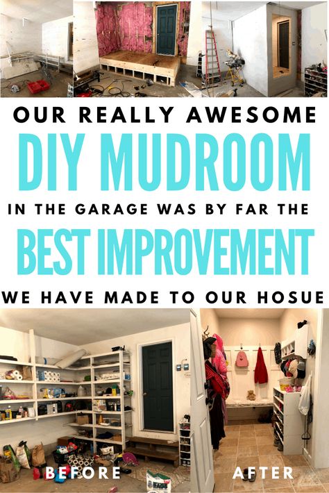 When we moved we knew we needed to improve the mudroom situation. There was just nowhere to hang up all of the jackets and keep all of the shoes. So, after spending lots of time trying to come up with how to gain space in our house for a mudroom, we decided to utilize garage space and build an enclosed mudroom. Here is our mudroom transformation to give you some ideas and inspiration for your own DIY mudroom. Moving Laundry Room To Garage, Mud Room In Garage Ideas, Enclosed Mudroom, Mudroom Ideas Diy, Mudroom Addition, Mud Room Garage, Garage Extension, Garage Closet, Garage Entryway