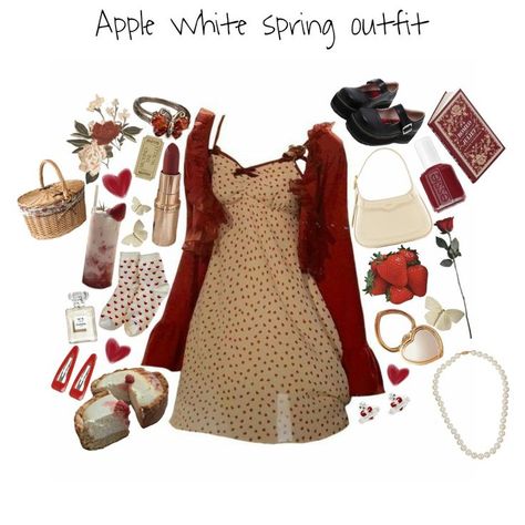 Red Cottagecore Aesthetic Outfits, Valentine Outfit Inspiration, Apple White Inspired Outfits, Strawberry Coquette Outfit, Apple White Aesthetic Ever After High, Cherry Astethic Outfit, Ever After High Outfit Ideas, Ever After High Aesthetic Outfits, Apple Outfit Aesthetic