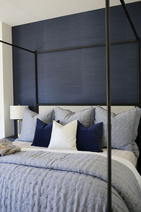 Navy Blue Bedroom Bedding, Navy Grey And White Bedroom, Navy And Grey Bedroom Master, Navy Guest Bedroom, Navy Gray Bedroom, Navy Blue And White Bedroom, Neutral Cozy Bedroom, Navy Bedroom Decor, Black Canopy Bed