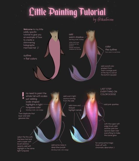 Pauline Voß on Instagram: "A little step by step 💖 share if you want more of these and on what you would like to see more tutorials. SHOW ME if you try this ✨ #DTIYS" Mermaid Tail Tutorial, Tail Tutorial, Mermaid Tutorial, Mermaid Drawings, Digital Painting Tutorials, Sketch Painting, Visual Development, Flat Color, Mermaid Tail